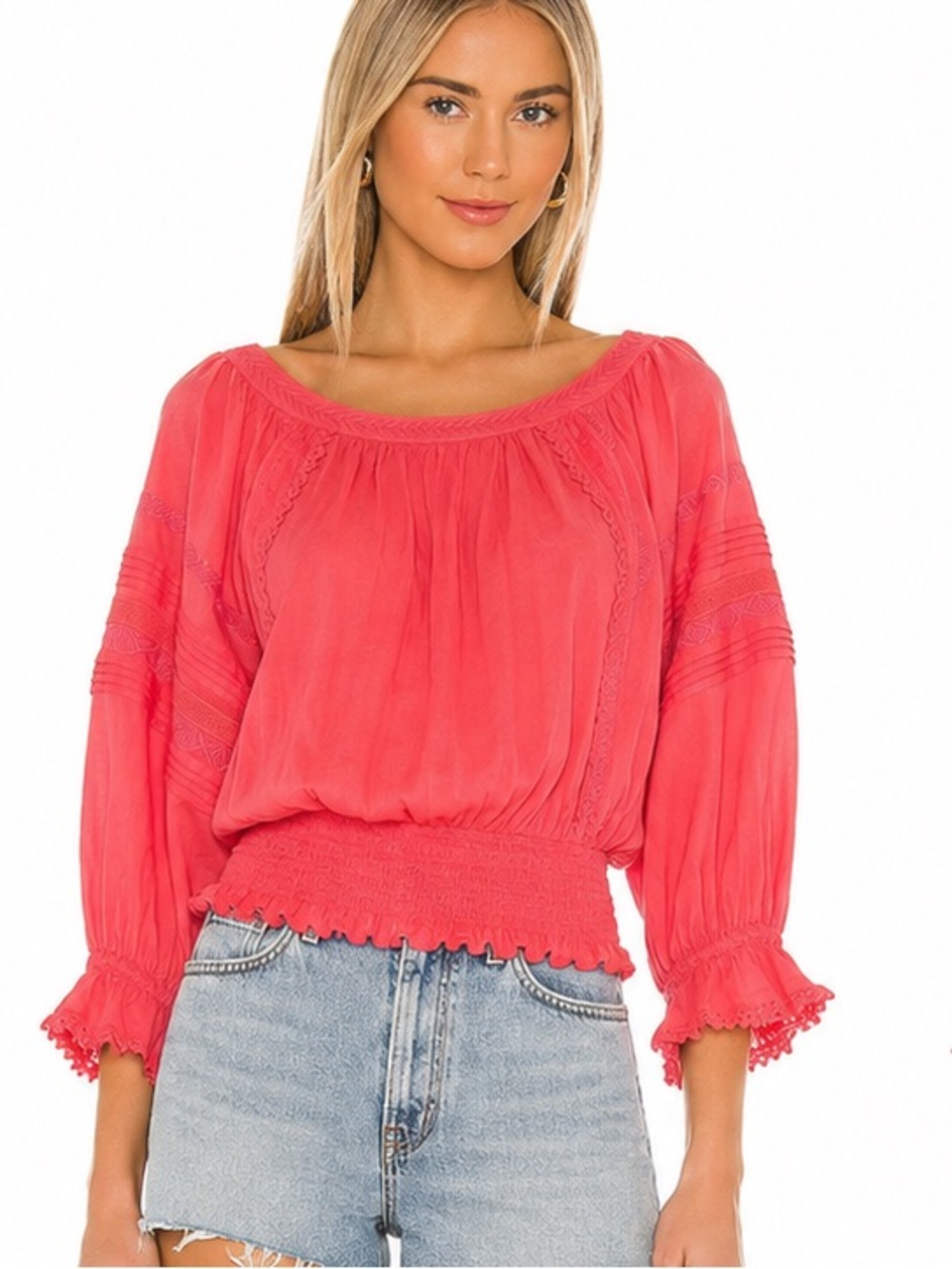 Ramy Brook Coral Embroidered Peasant Blouse Size S/P 100% Cotton